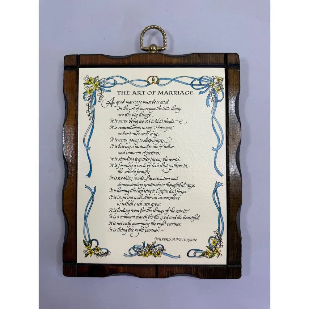 Vintage Art of Marriage Wood Plaque, Wilford Peterson Poem, 1970s Wedding Gift
